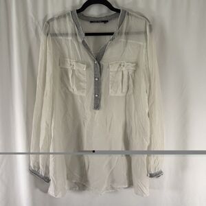 Marc Aurel Blouse Women's 42 White Sheer Long Sleeve 1/4 Button Lightweight